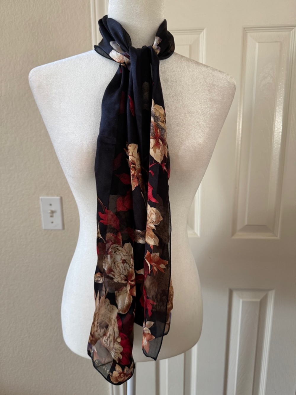 ECHO 100% Silk Scarf Vintage Floral Black Red Beige Designer Lightweight